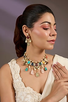 Gold Finish Multi-Colored Gemstone Choker Necklace Set