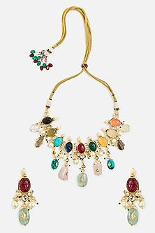 Gold Finish Multi-Colored Gemstone Choker Necklace Set