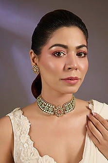 Gold Finish Kundan Polki & Pastel Mint Stone Choker Necklace Set