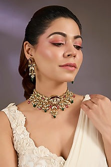 Gold Finish Kundan Polki & Multi-Colored Stone Choker Necklace Set