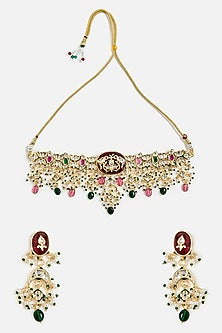 Gold Finish Kundan Polki & Multi-Colored Stone Choker Necklace Set
