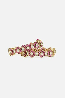 Gold Finish Ruby Kundan Polki Floral Bangles (Set Of 2)