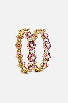 Gold Finish Ruby Kundan Polki Floral Bangles (Set Of 2)