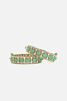 Gold Finish Kundan Polki & Emerald Stone Bangles (Set Of 2)