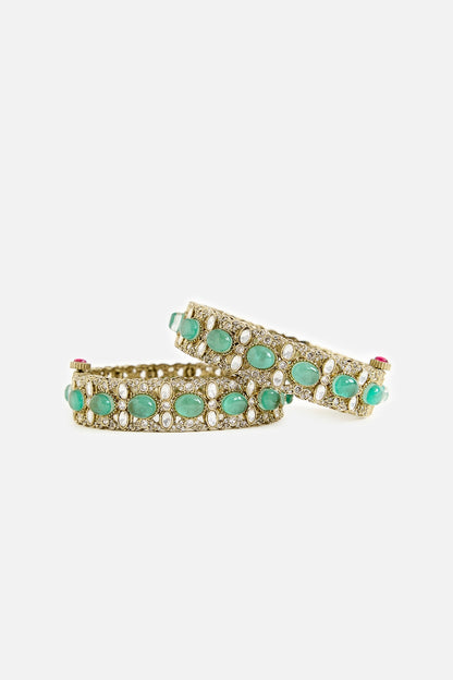 Gold Finish Kundan Polki & Emerald Stone Bangles (Set Of 2)