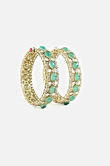 Gold Finish Kundan Polki & Emerald Stone Bangles (Set Of 2)