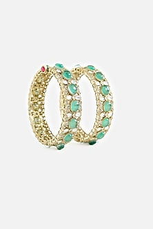 Gold Finish Kundan Polki & Emerald Stone Bangles (Set Of 2)