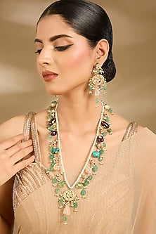 Gold Finish Pearl & Emerald Stone Long Necklace Set