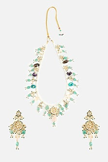 Gold Finish Pearl & Emerald Stone Long Necklace Set