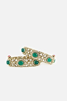 Gold Finish Kundan Polki & Green Stone Bangles (Set Of 2)