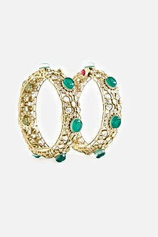 Gold Finish Kundan Polki & Green Stone Bangles (Set Of 2)