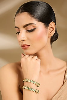 Gold Finish Pearl & Green Stone Bangles (Set Of 2)