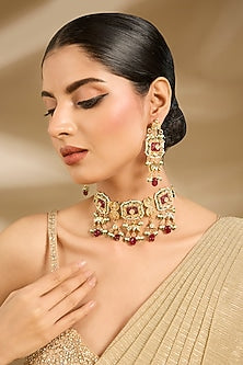 Gold Finish Pearl & Red Stone Choker Necklace Set