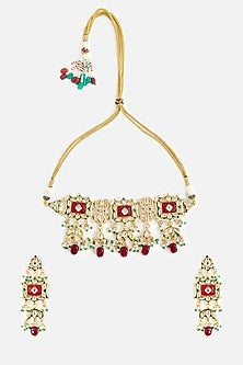 Gold Finish Pearl & Red Stone Choker Necklace Set
