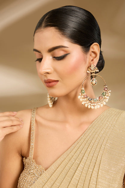 Gold Finish Pearl Drop & Multi-Colored Stone Chandbali Earrings