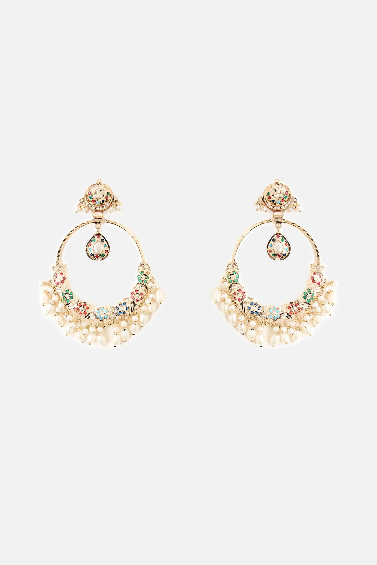 Gold Finish Pearl Drop & Multi-Colored Stone Chandbali Earrings