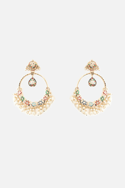 Gold Finish Pearl Drop & Multi-Colored Stone Chandbali Earrings
