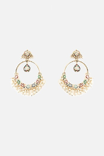Gold Finish Pearl Drop & Multi-Colored Stone Chandbali Earrings