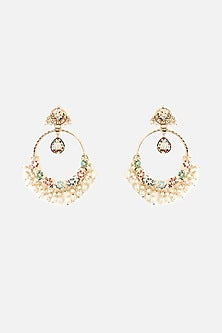 Gold Finish Pearl Drop & Multi-Colored Stone Chandbali Earrings