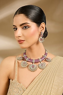 Gold Finish Kundan Polki & Purple Beaded Choker Necklace Set