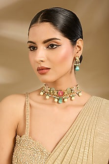 Gold Finish Multi-Colored Stone & Beaded Choker Necklace Set