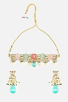 Gold Finish Multi-Colored Stone & Beaded Choker Necklace Set
