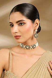 Gold Finish Pearl & Black Stone Choker Necklace Set