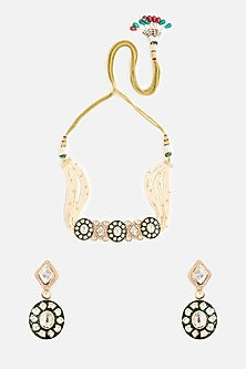 Gold Finish Pearl & Black Stone Choker Necklace Set