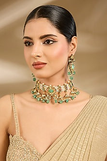 Gold Finish Green Beaded Choker Necklace Set