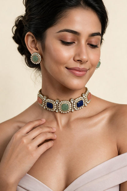 Gold Plated Kundan Polki & Multi-Colored Stone Choker Necklace Set