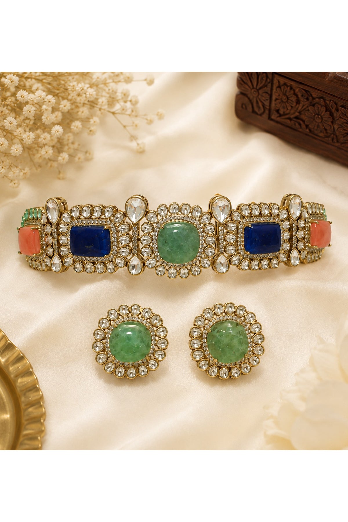 Gold Plated Kundan Polki & Multi-Colored Stone Choker Necklace Set