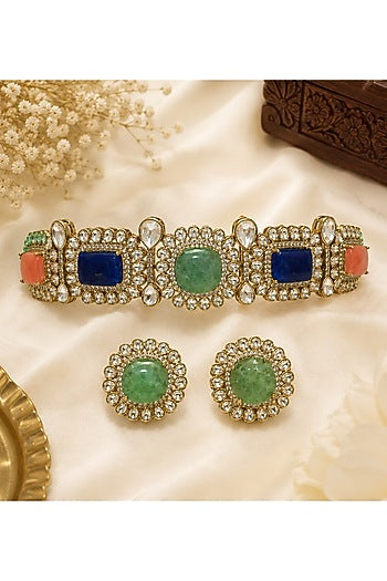 Gold Plated Kundan Polki & Multi-Colored Stone Choker Necklace Set
