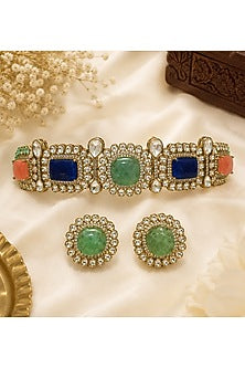 Gold Plated Kundan Polki & Multi-Colored Stone Choker Necklace Set