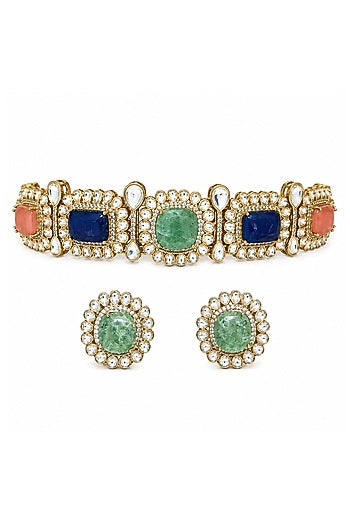 Gold Plated Kundan Polki & Multi-Colored Stone Choker Necklace Set