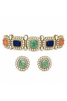 Gold Plated Kundan Polki & Multi-Colored Stone Choker Necklace Set