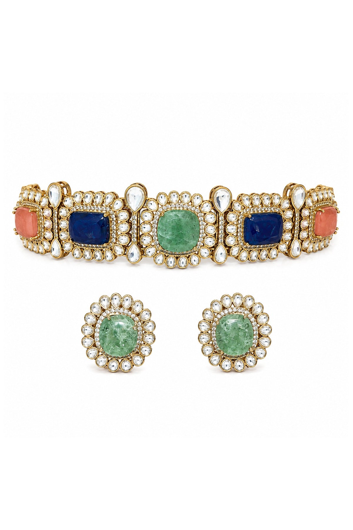 Gold Plated Kundan Polki & Multi-Colored Stone Choker Necklace Set
