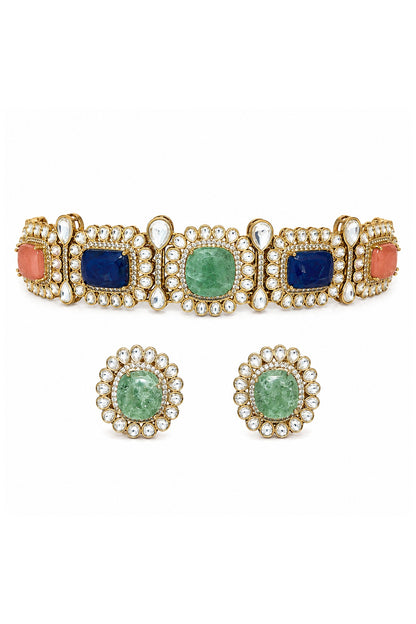 Gold Plated Kundan Polki & Multi-Colored Stone Choker Necklace Set