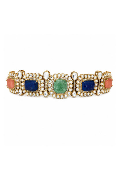 Gold Plated Kundan Polki & Multi-Colored Stone Choker Necklace Set