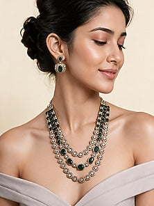 Gold Plated Moissanite Polki & Emerald Green Stone Layered Necklace Set