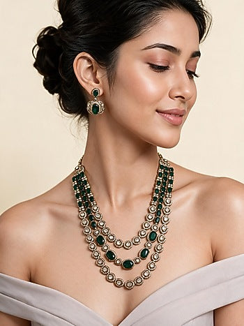 Gold Plated Moissanite Polki & Emerald Green Stone Layered Necklace Set