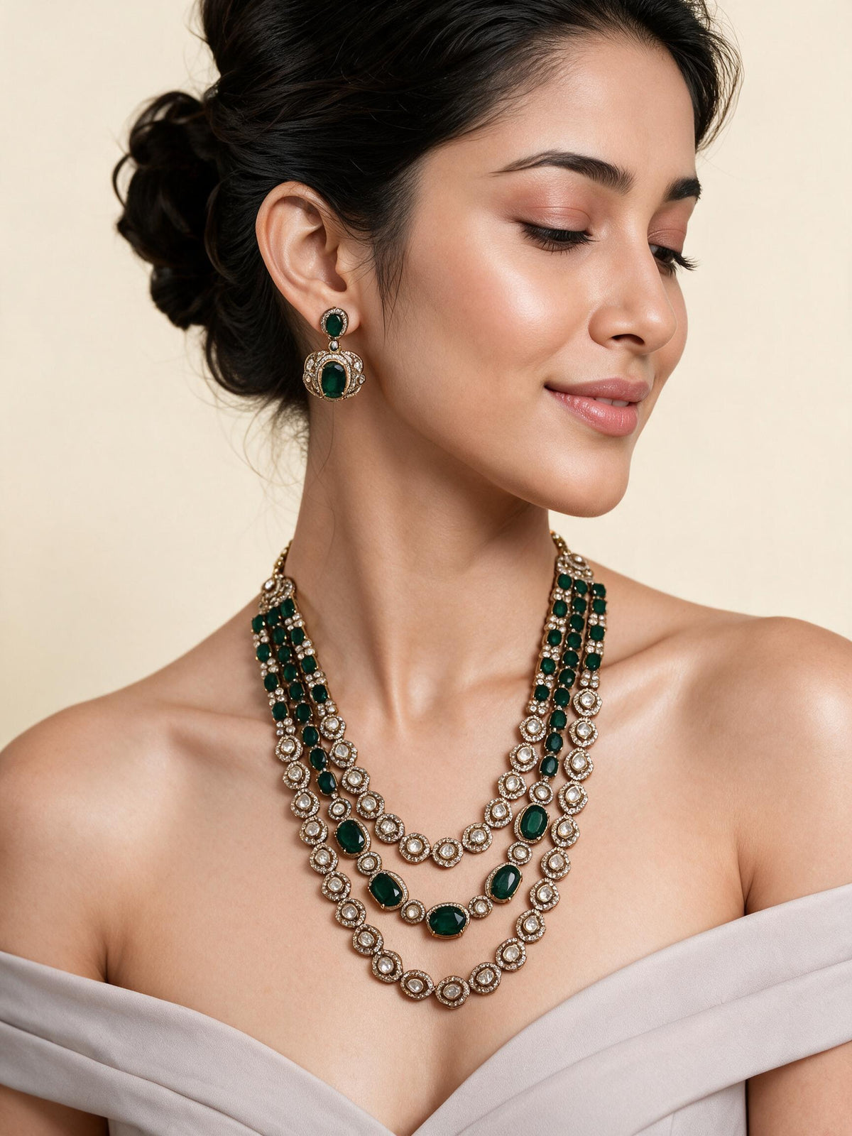 Gold Plated Moissanite Polki & Emerald Green Stone Layered Necklace Set