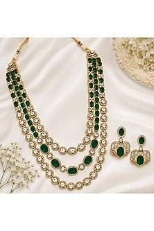 Gold Plated Moissanite Polki & Emerald Green Stone Layered Necklace Set