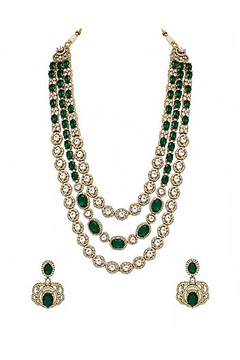 Gold Plated Moissanite Polki & Emerald Green Stone Layered Necklace Set