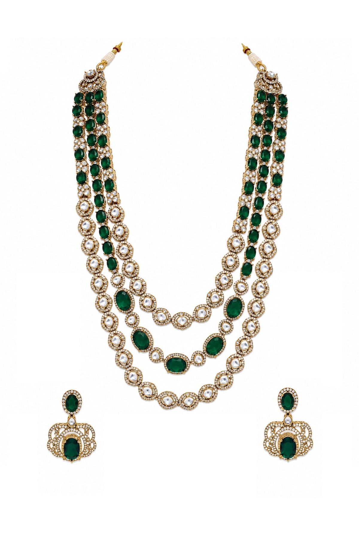 Gold Plated Moissanite Polki & Emerald Green Stone Layered Necklace Set