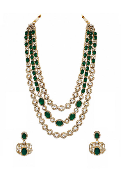 Gold Plated Moissanite Polki & Emerald Green Stone Layered Necklace Set