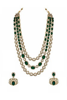 Gold Plated Moissanite Polki & Emerald Green Stone Layered Necklace Set