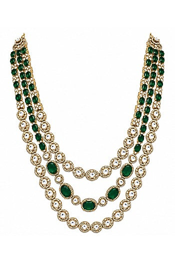Gold Plated Moissanite Polki & Emerald Green Stone Layered Necklace Set