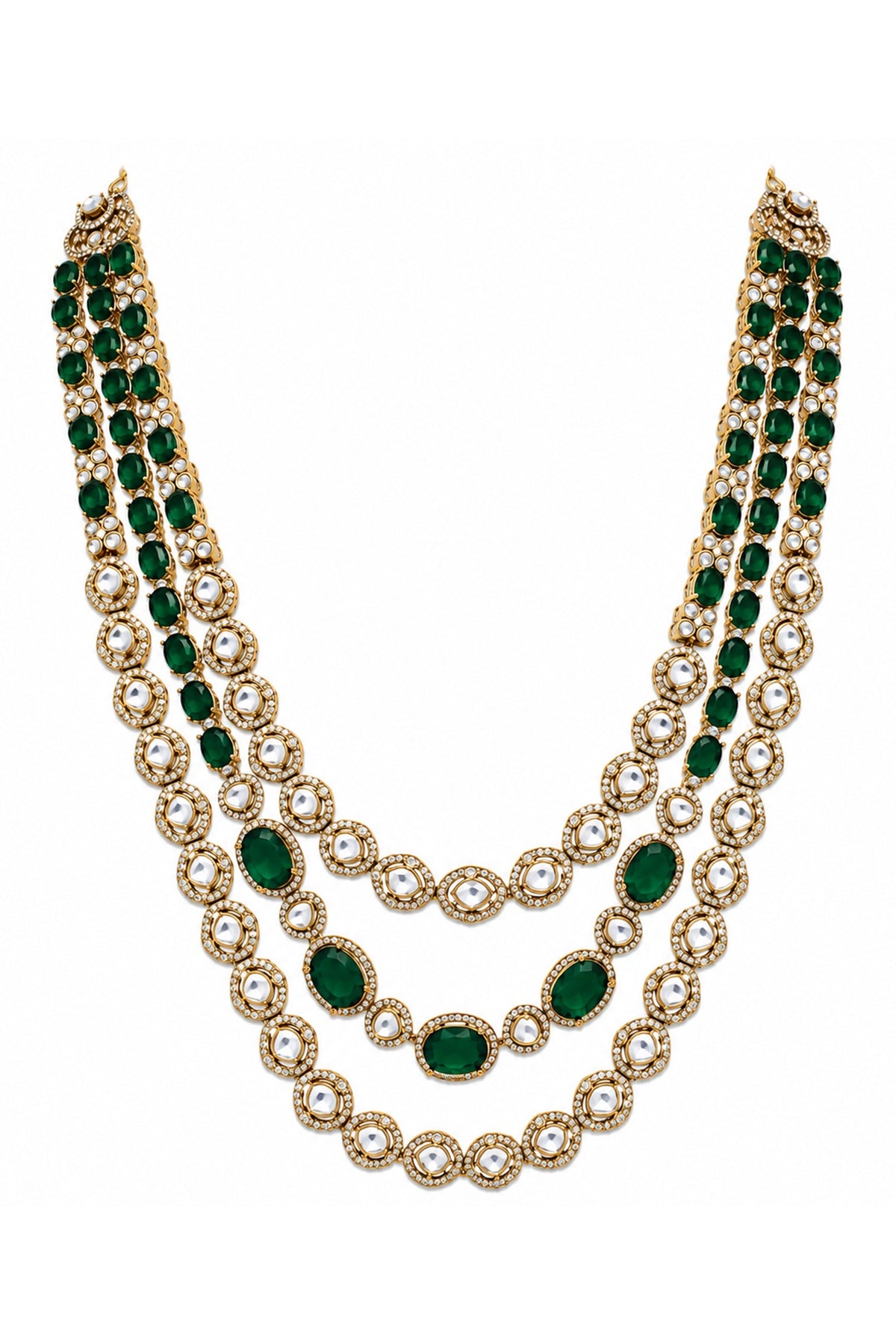 Gold Plated Moissanite Polki & Emerald Green Stone Layered Necklace Set