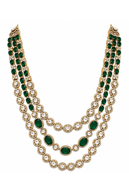 Gold Plated Moissanite Polki & Emerald Green Stone Layered Necklace Set