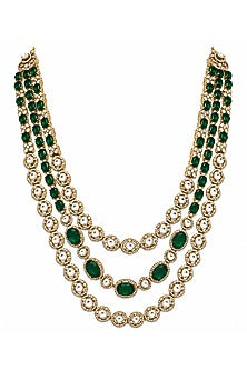 Gold Plated Moissanite Polki & Emerald Green Stone Layered Necklace Set